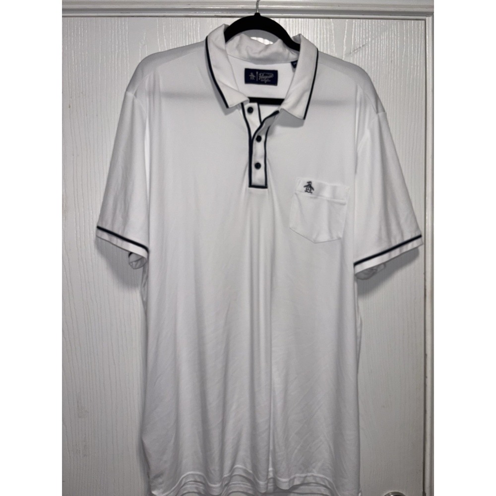 Original Penguin Polo Shirt Men's XXL White Navy Trim Pocket Logo Performance